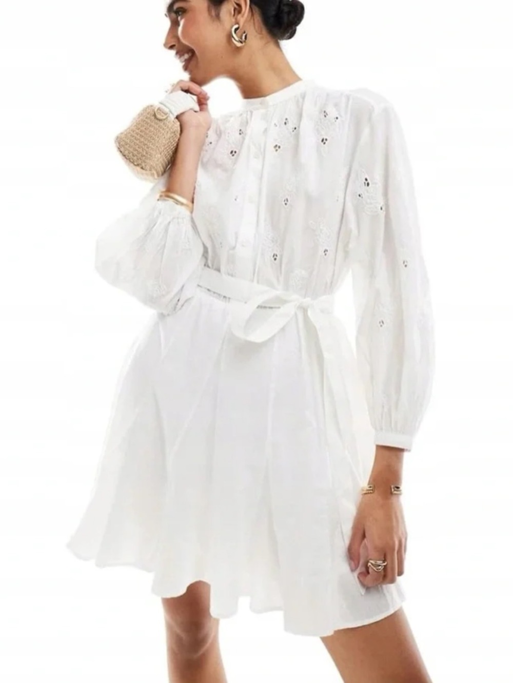 & other stories organic cotton eyelet long sleeve belted mini dress
white US10